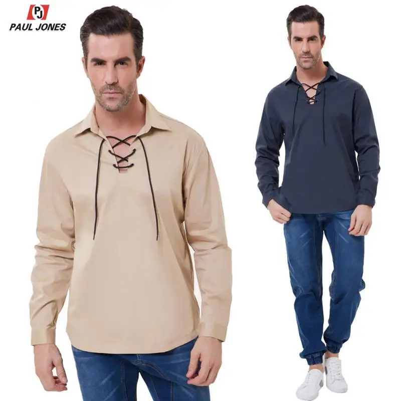 Мужские футболки с длинным рукавом в стиле пирата Ренессанса на шнуровке