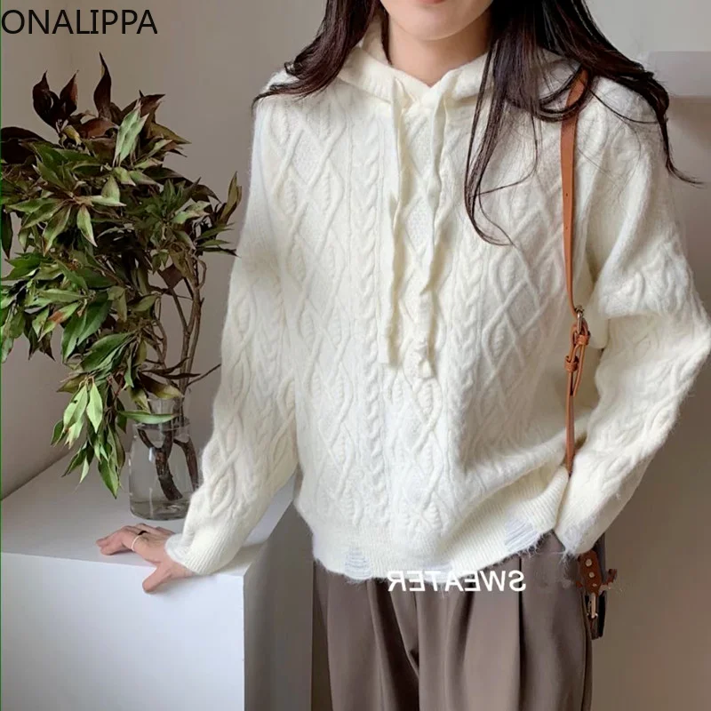 

ONALIPPA Women Twist Pullover Sweater 2021 Autumn Winter New Japanese Style Retro Loose Hooded Long-sleeved Outer Knitted Top