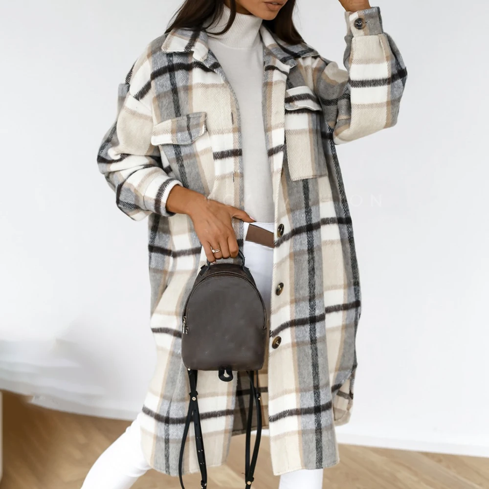 

2021 Winter Checked Women Jacket Down Overcoat Warm Plaid Long Coat Oversize Thick Woolen Blends Retro Female Streetwear