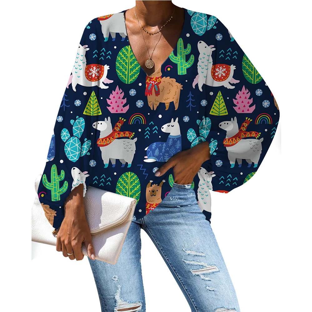 

NOISYDESIGNS 2020 Fashion Summer Women Blouses And Tops Cute Alpaca V-neck Sexy Ladies Shirts Loose Long-sleeve Vintage Roupas