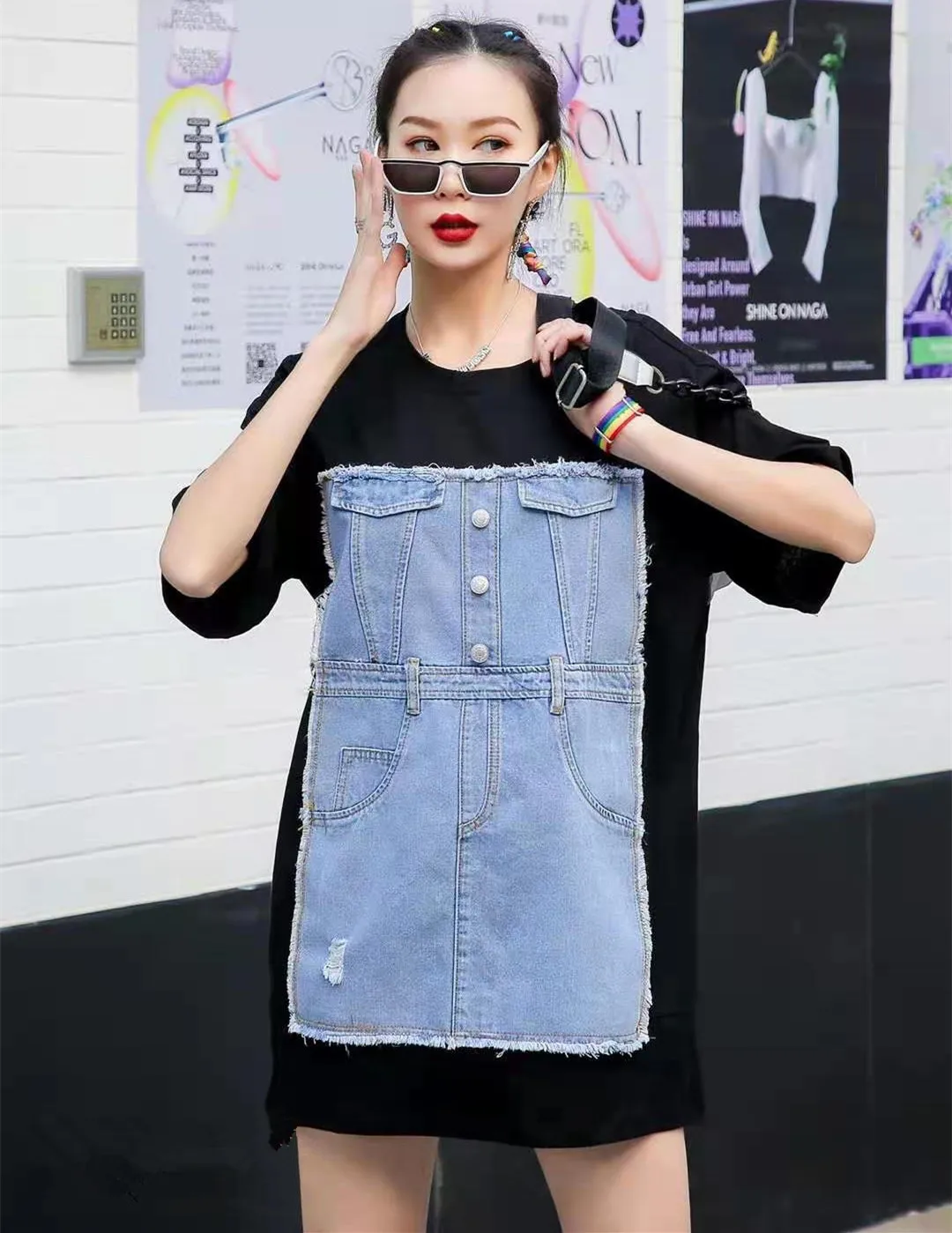 

QING MO Women Denim Patchwork T Shirt 2021 Women Summer Short Sleeve T Shirt Female Personality T Shirt ZQY6725
