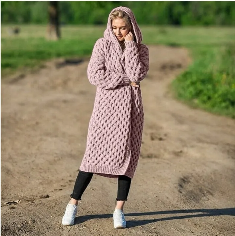 

Women Knitted Hooded Cardigan Sweater Plus Size Winter Hooded Thick Knit Cardigan Warm Loose Outwear Tops Hemp Sweater Coat 3XL