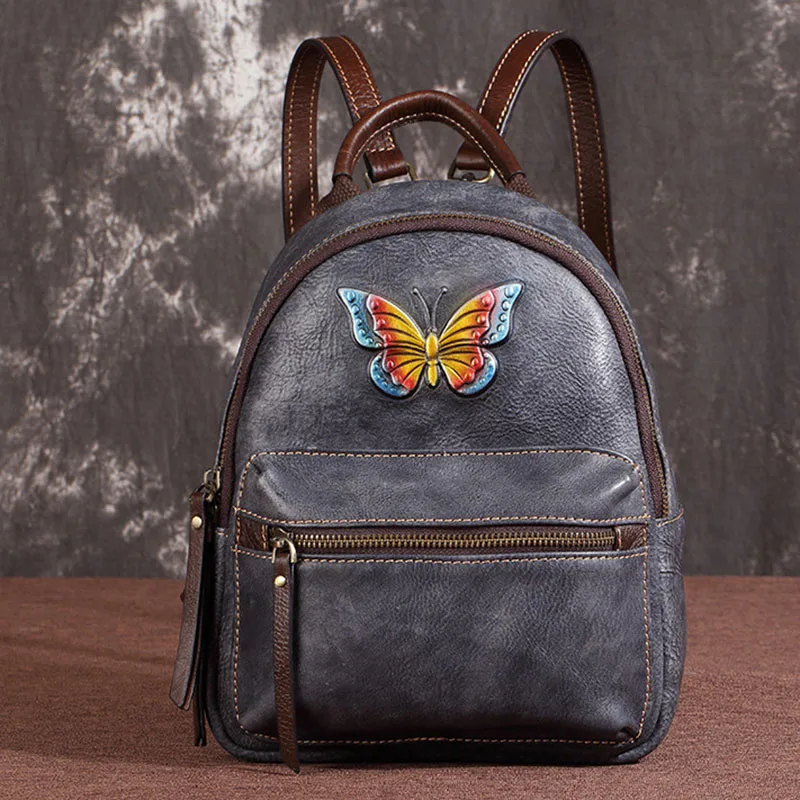 Женский рюкзак из натуральной кожи дорожный школьный в стиле ретро с тиснением |