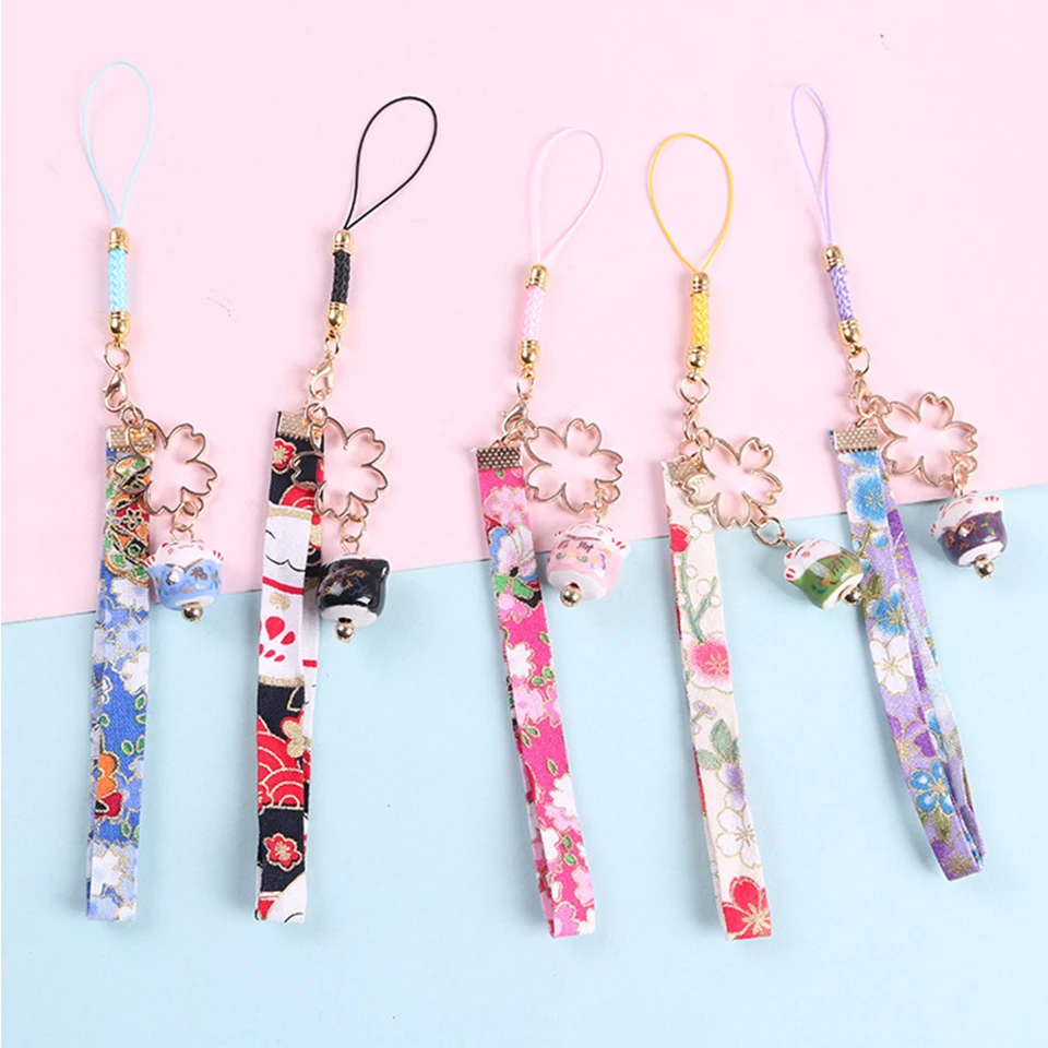 Милый японский брелок с кошкой на удачу вышивкой в виде вишни веревка для