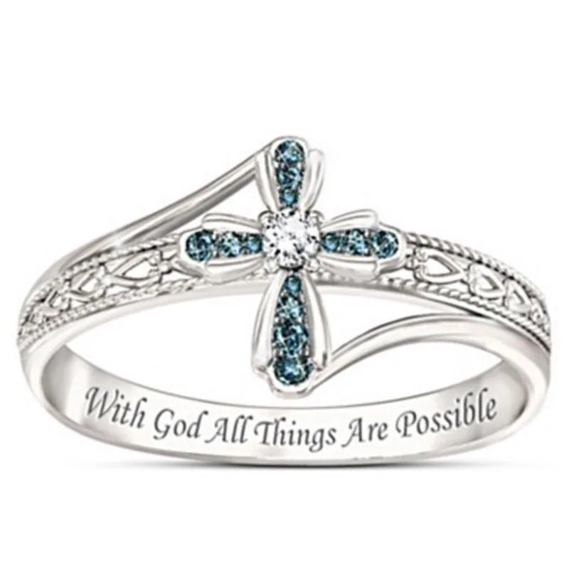 

Fashion New Style Exquisite Cross Green Gem Ring Silver Plated Ring Women's Religious Faith Ring Retro Jewelry Size Us5-11
