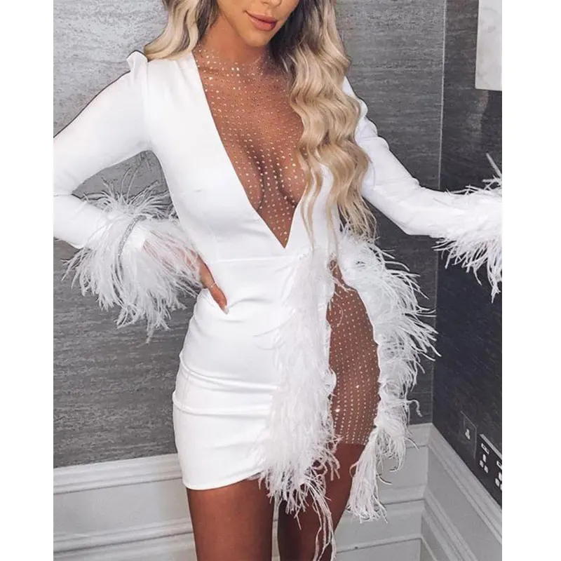 

2019 Ladies White Mesh Mini Party Dress with Feathers Slit Deep V Neck Bodycon Sexy Club Dresses Slim Patchwork Wrap Dress Women