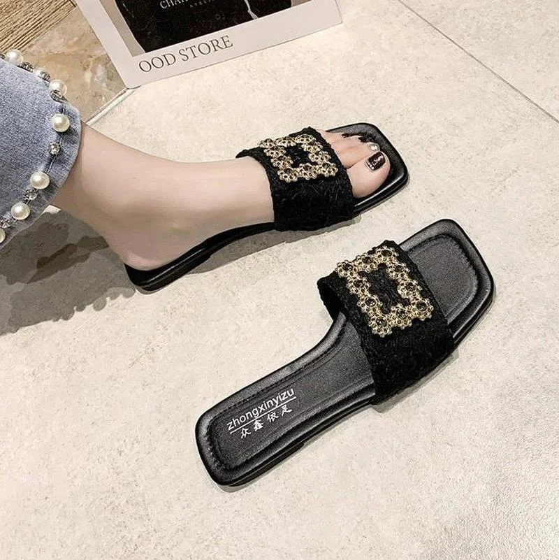 

2021 Summer Women's Slippers Fashion Simple Vamp Square Buckle Decoration Rhinestones Embellished Trendy Women's Slippers