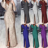women dress deep v sequins wrapped ruched long sleeve nightclub long party dresses maxi party night dress women
