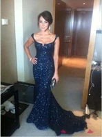 2018 gorgeous navy blue lace sequins mermaid prom sexy spaghetti backless women long evening gowns mother of the bride dresses