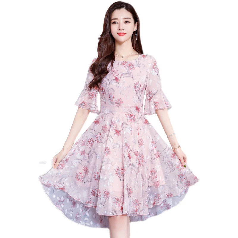 

Elegant Flower Print Chiffon Dress Women O-Neck Half Sleeve Korean Slim Dresses For Women 2021 Summer Pink Dress Female CX1827
