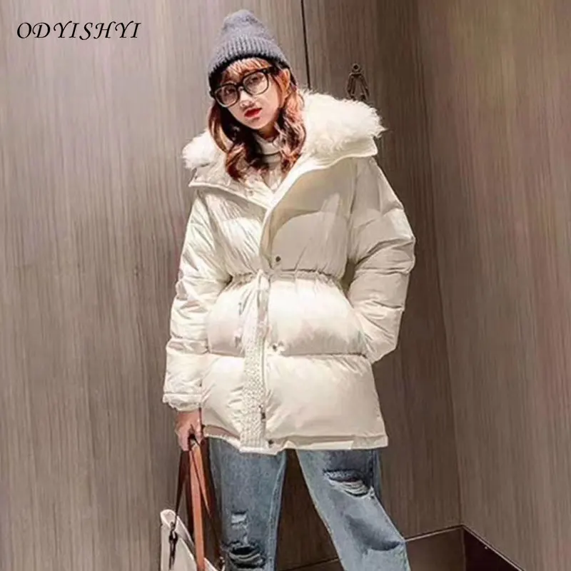 

Куртка женская на белом утином пуху, с большим меховым воротником, зимняя, свободная, теплая, DH274, 2021