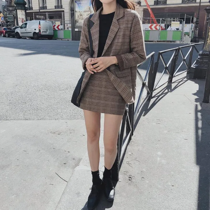 Женский клетчатый костюм повседневный пиджак с высокой талией и юбка разрезом
