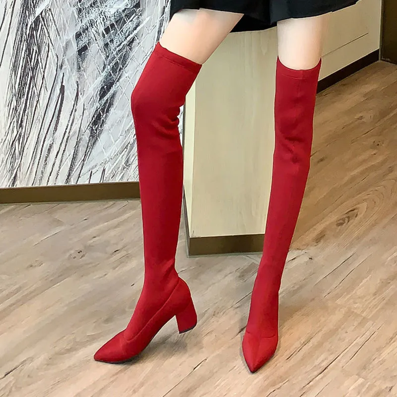 

MORAZORA 2021 New arrival winter over the knee boots square heels pointed toe solid women boots comfortable ladies shoes