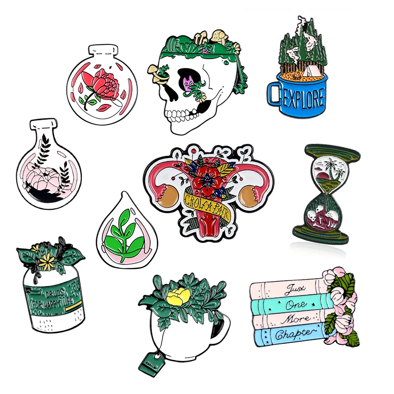 Панк растения Цветок Скелет Кости Череп песочные чашки эмалированная булавка