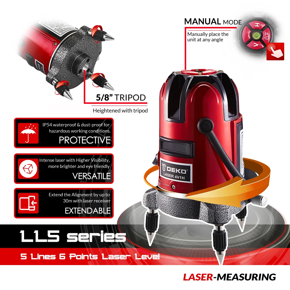 Лазерный уровень DEKO LL5 Series 5 Line 6 точек регулировка по горизонтали и вертикали на 360