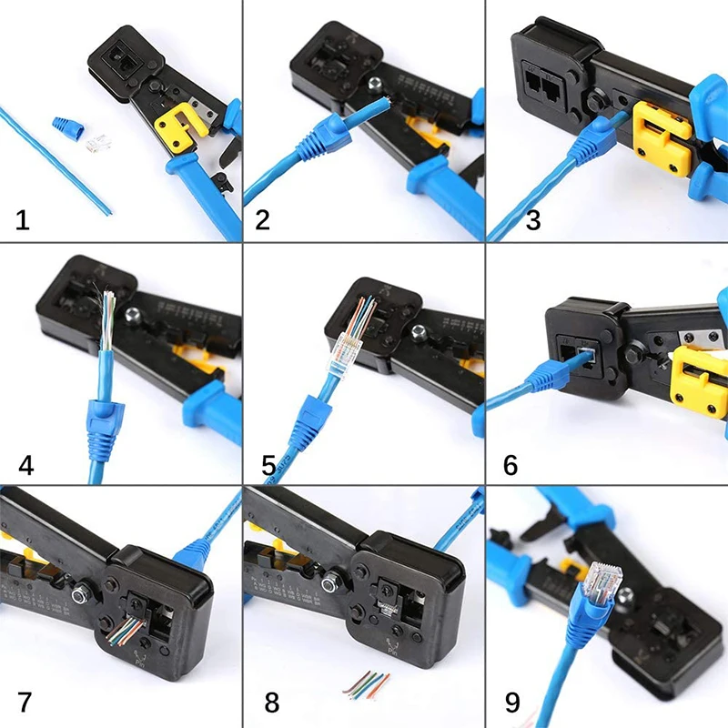 ez rj45 crimp tool pass through cat5 cat5e cat6 crimping tool for rj45rj12 regular and end pass through connectors 100pcs set free global shipping