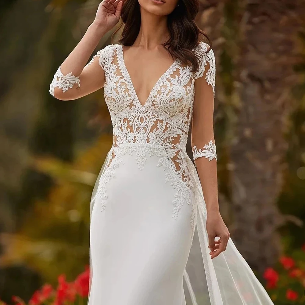

Summer Ivory Satin 3/4 Sleeves Mermaid Wedding Dresses Boho V Neck Floor Length With Long Train Vintage Bridal Gowns