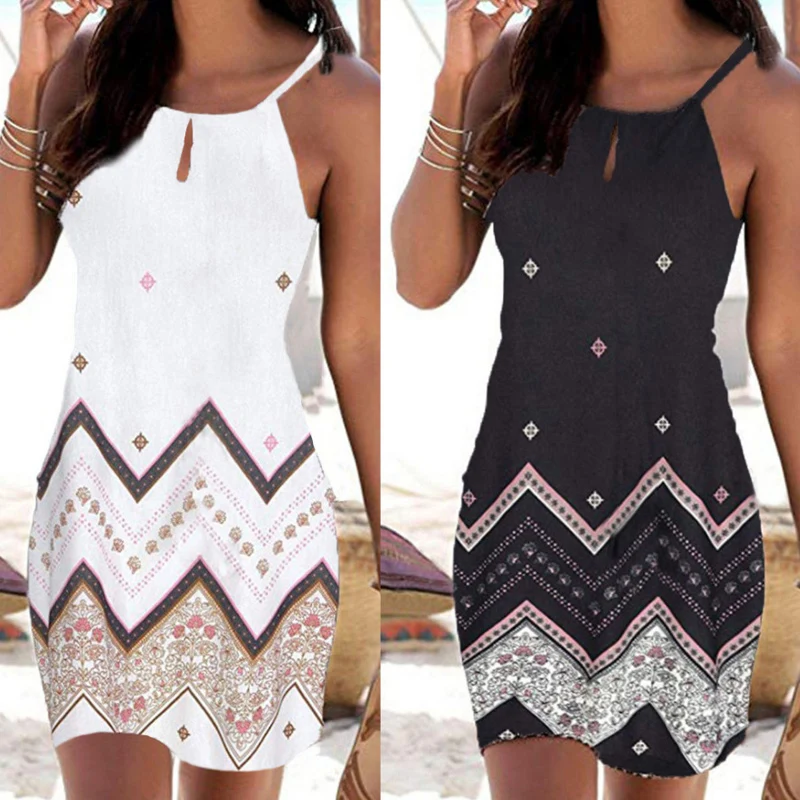 

Женское летнее пляжное мини-платье без рукавов, с воротником-хомутом в стиле бохо, сарафан OPK