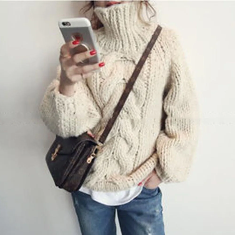 Женский Теплый свитер-водолазка толстый трикотажный пуловер в рубчик зима-осень