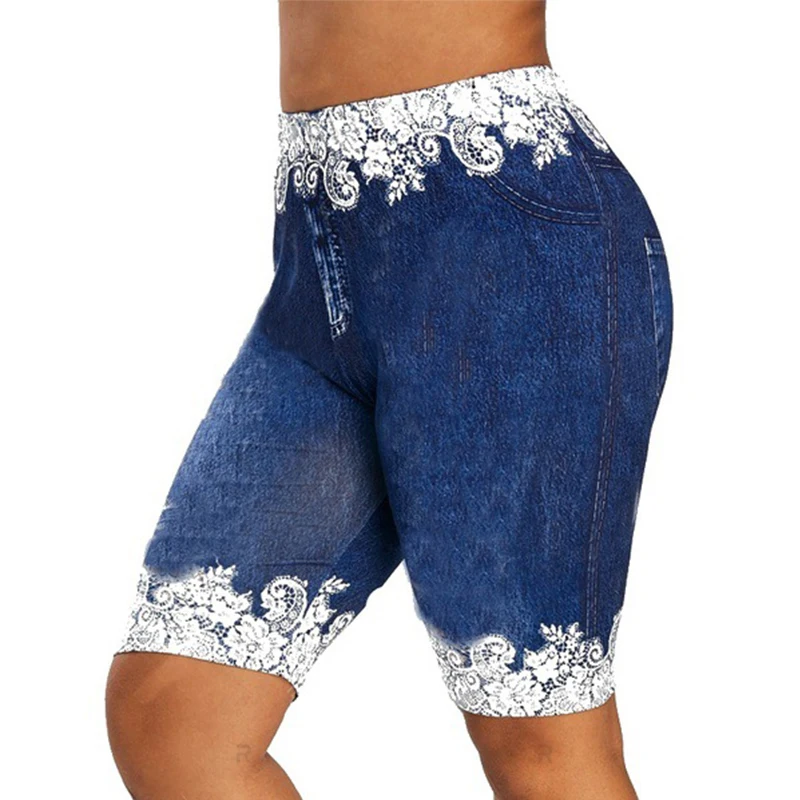 

Women's Jean Leggings Plus Size Solid Color Lace Printed Denim Stretch Workout Pants High Waisted Running Gym Trousers