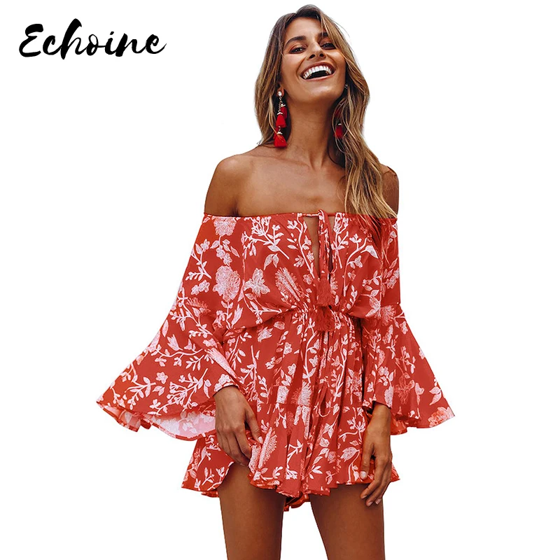 Короткий комбинезон Echoine в стиле бохо красный/желтый с вырезом лодочкой