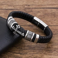fashion charm stainless steel magnetic black leather men bracelet cross jewelry bangle accessories punk rock braided multilayer