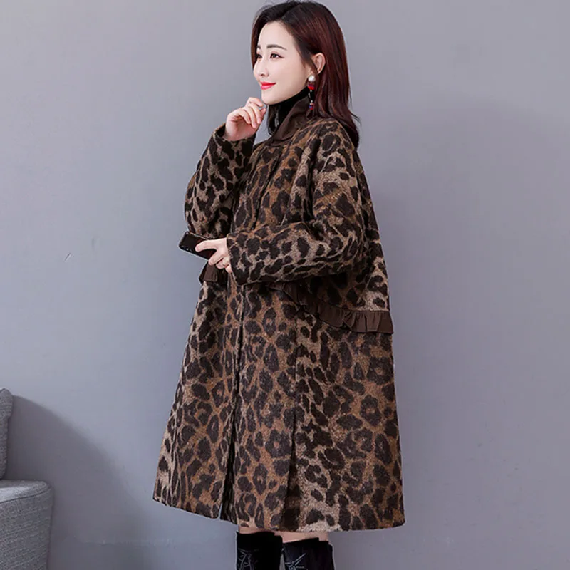 Women's woolen coat female long section 2021 winter new women's leopard loose cloak high quality NUW650 | Женская одежда