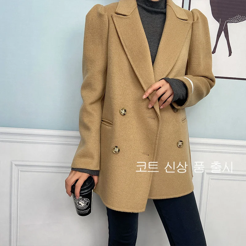 

SHZQ осень 2021 корейский Костюм ручной работы двубортный с пышными рукавами простой черный короткий 100% шерстяной пиджак женское свободное шер...