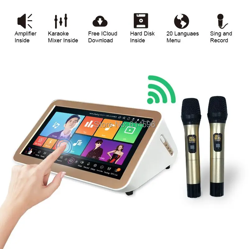Сенсорный экран Экран караоке плеер + 2UHF Беспроводной микрофон для смеситель