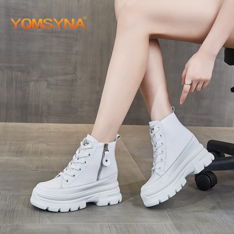 Murah YQMSYNA Sepatu Vulkanis Kasual Datar Bawah Tebal Modis Dengan Sepatu Renda Kantor Peningkatan Internal Ritsleting Ujung Bundar AS362