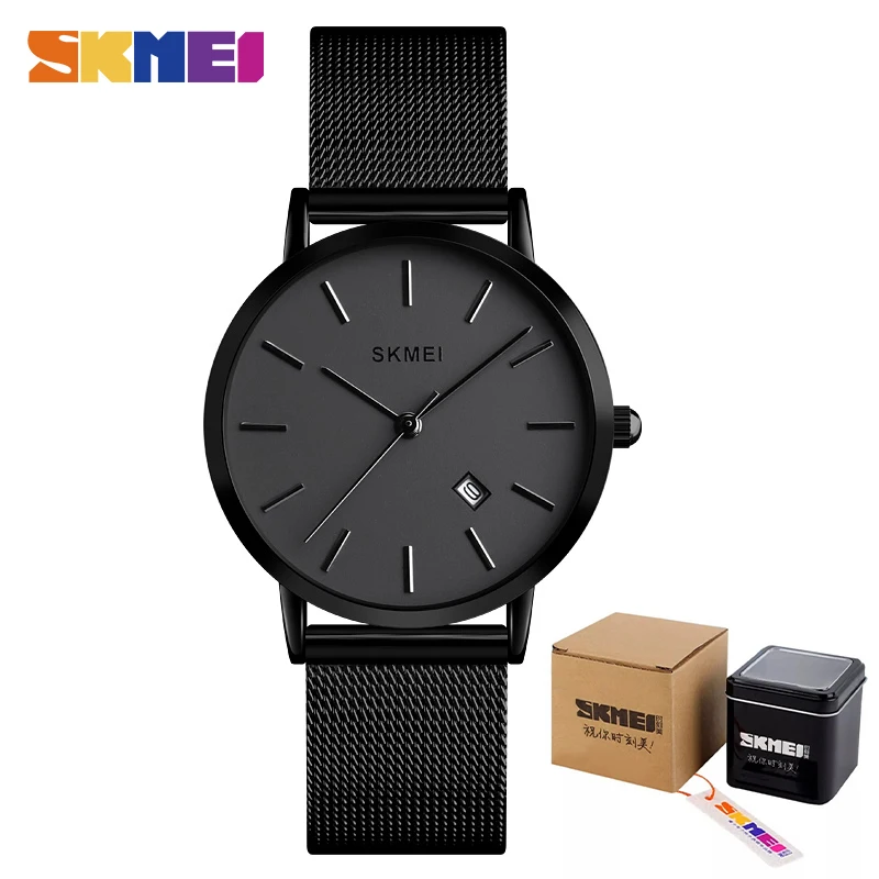 SKMEI Fashion Women Watch Casual Quartz Wristwatches Simple Style 3bar Waterproof Stainless Steel Watchband reloj mujer 1530 - Color: Black with box