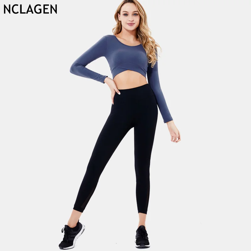 

NCLAGEN Autumn Yoga Suit Top Sexy Gym Sport Workout Running Matching Sets For Women Long Sleeve High Waist Mesh Two-piece Set