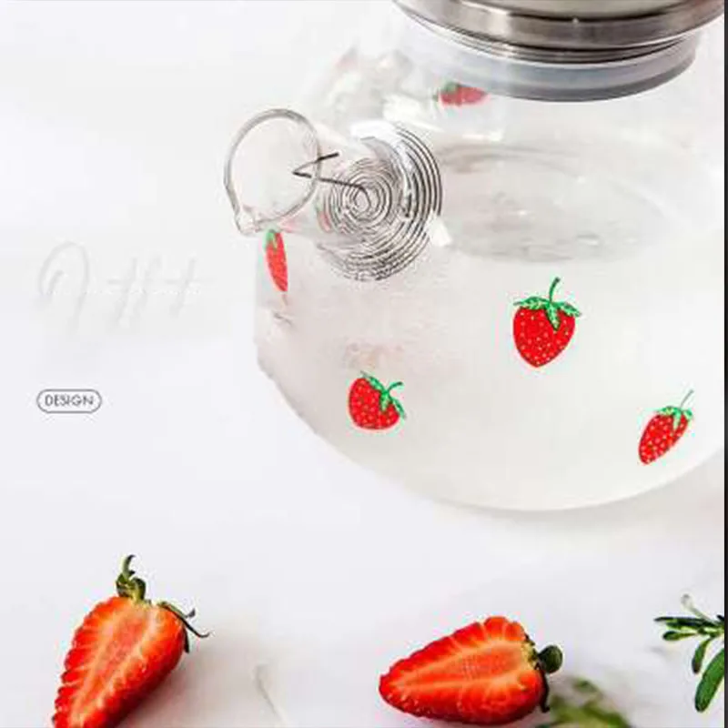 

Glass Water Pot Kettle with Handle Resistant Cute Strawberry Milk Cup Juice Water Drinking Cup Water Bottle Mug Big Capacity