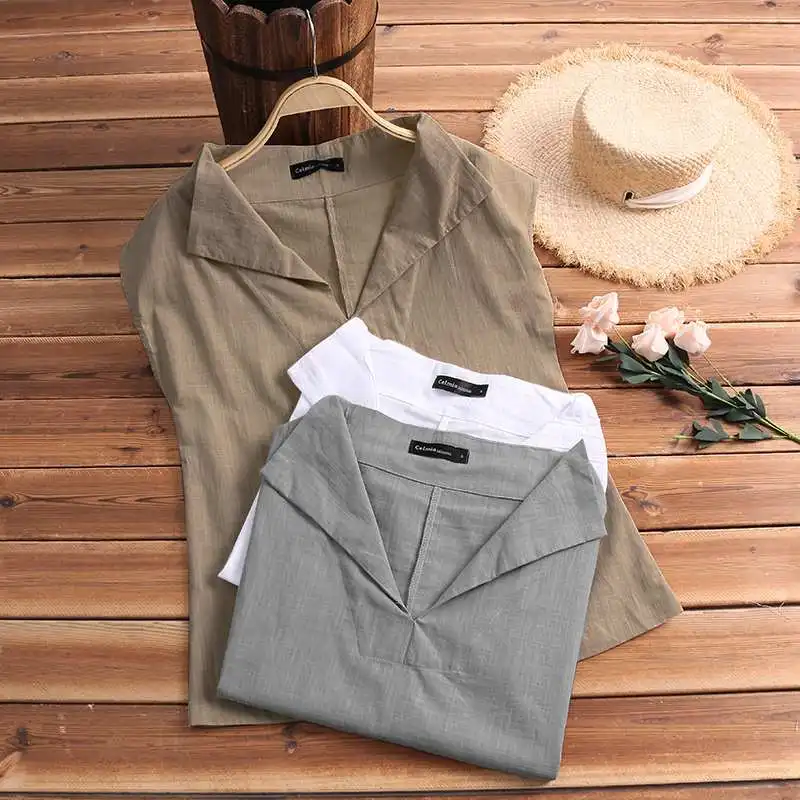 

Summer Tunic Tops Women Vintage Linen Blouses Celmia Plus Size V Neck Short Sleeve Shirts Casual Loose Solid Blusas Feminina 5XL