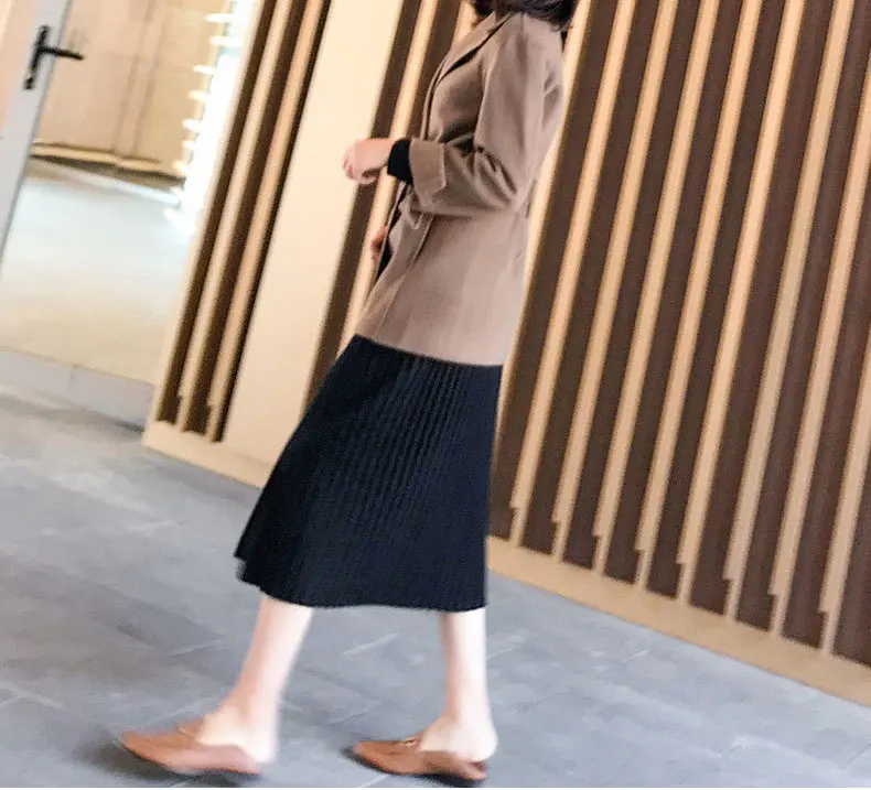 Осенне-зимние эластичные юбки с высокой талией для женщин s Faldas Mujer Moda Jupe вязаные плиссированные юбки женские тонкие юбки на пуговицах