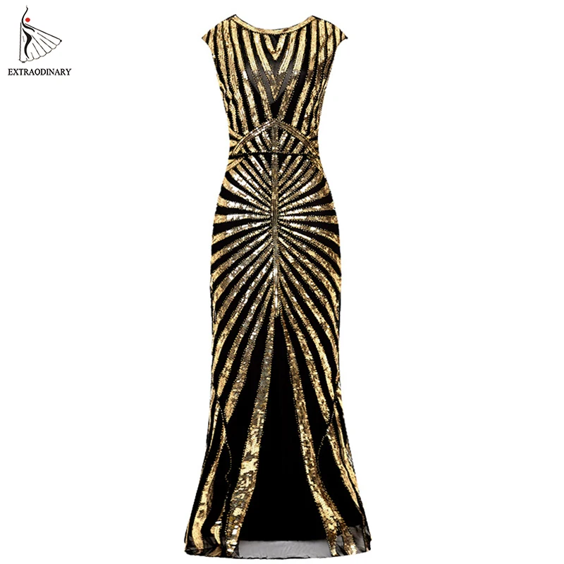 Женские длинные платья в винтажном стиле Great Gatsby Sequin 1920s вечерние платья в стиле АР-деко без рукавов средней длины с круглым вырезом