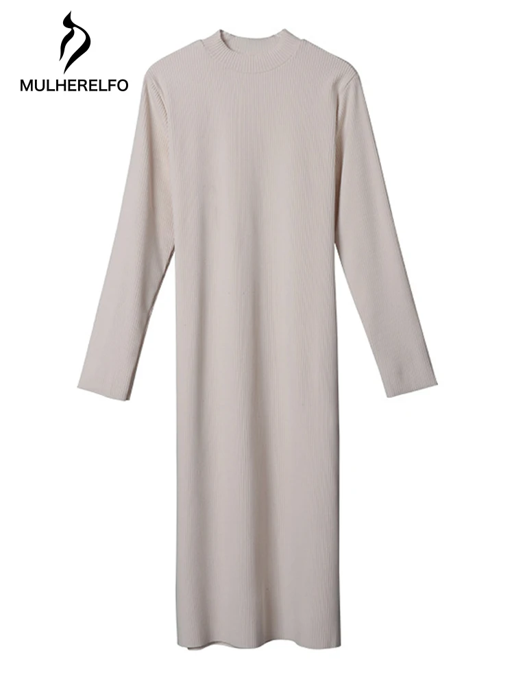 

Knitted Korean Round Neck Dress Female Autumn Base Loose Solid Color High Waist All-Match Girl Elegant Slim Long Skirt