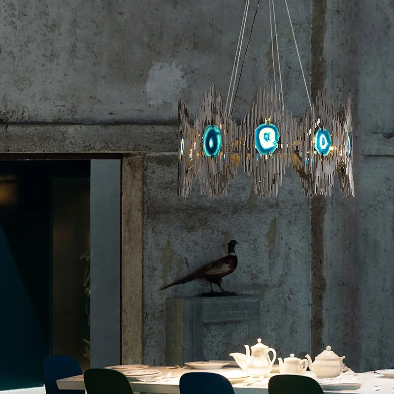 LUKLOY Современный золотой потолочный люстра светильник из агата с освещением на светодиодах, подвесная лампа для внутреннего освещения столовой.