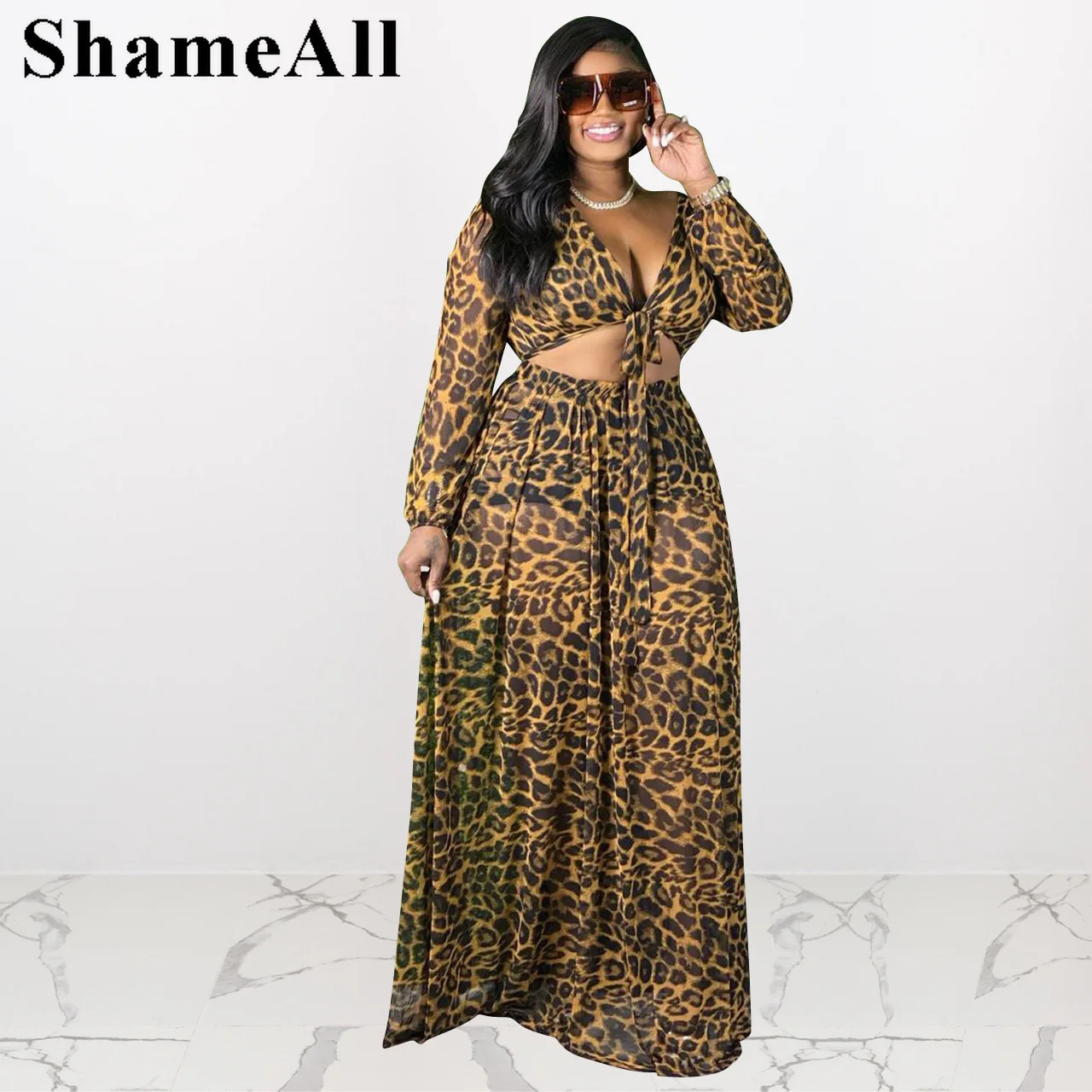 Plus Size Leopard Long Sleeve Crop Tops Floor Length Skirts Two Piece Sets 4XL V neck Bow Knot Tees A-line Skirt Africa Outfits
