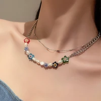 2pcs new colorful flower acrylic pearl chokers necklace for women fashion clavicle chain y2k style cute jewelry gifts