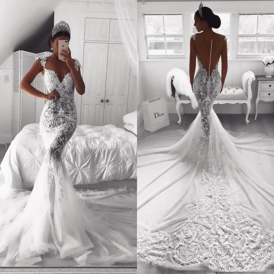

Vintage Full Lace Mermaid Wedding Dresses Sexy Sheer V Neck Illusion Button Back Court Train Tulle Wedding Dress Bridal Gowns Cu