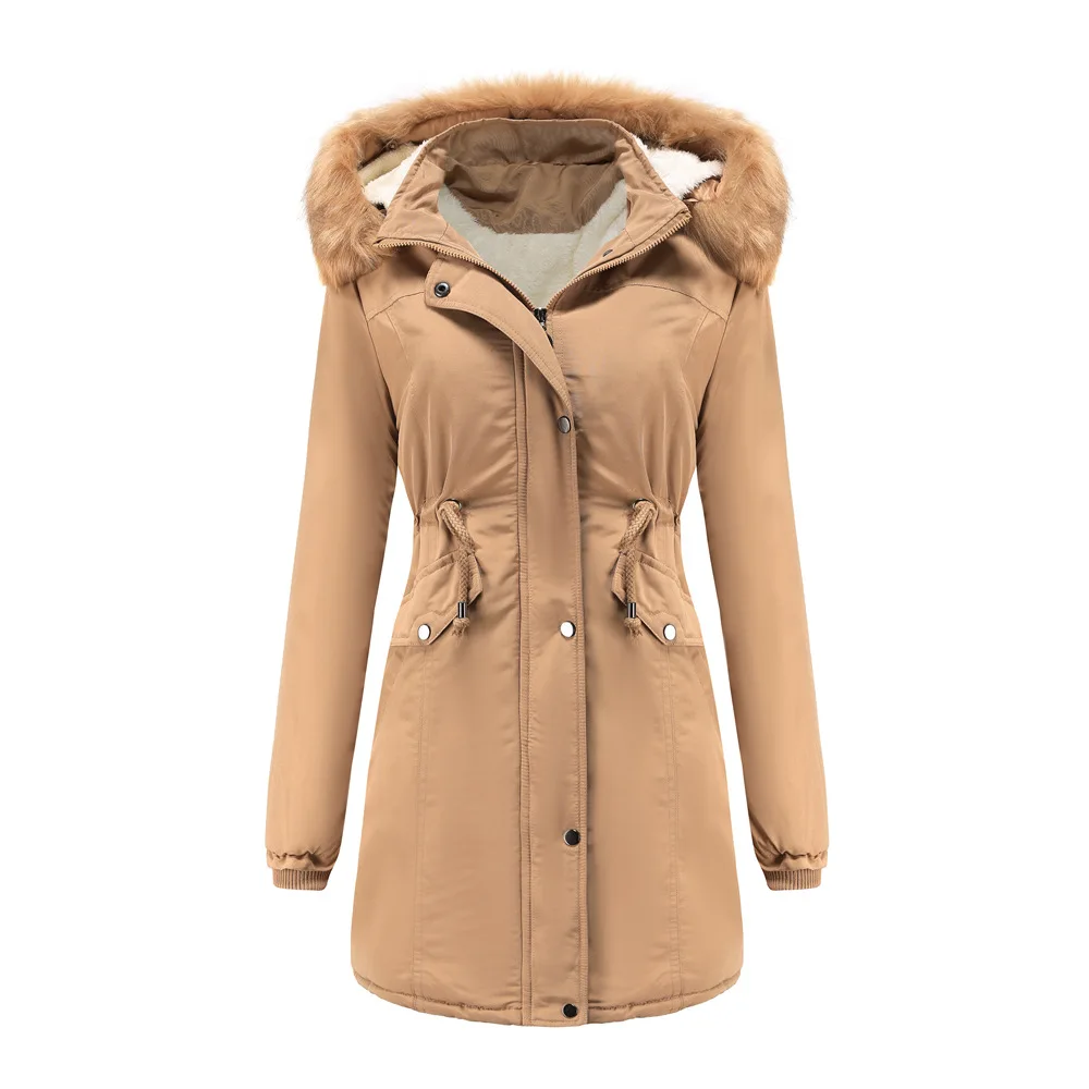 

EU Size Khaki Black With Fur Hat Thick Warm Casual Women's Winter Zip Up Jacket For 2021 Bomber Cargo Coat Padded Oversize Parka