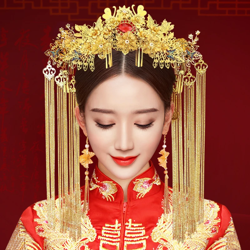 HIMSTORY Elegance Chinese Vintage Wedding Bridal Hair Accessory Traditional Gold Color Flower Bride Hair Combs Tiaras Hairwear