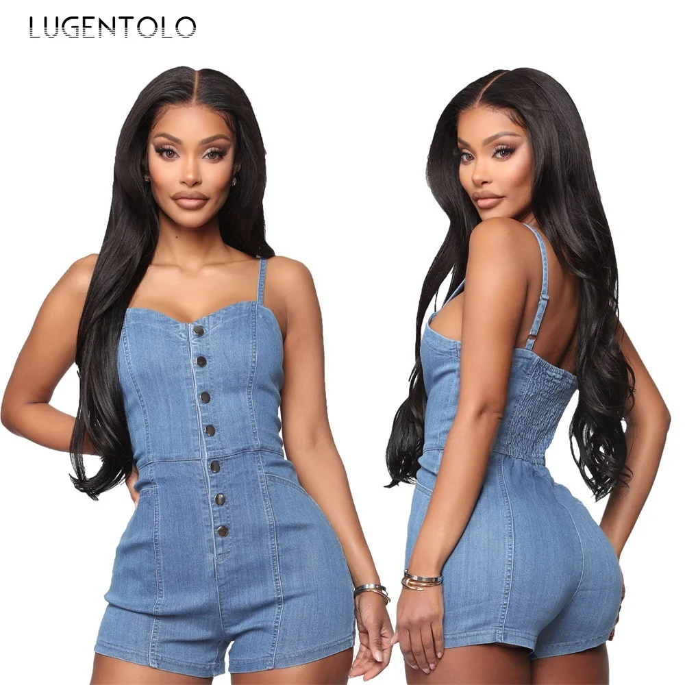 

Пикантные джинсовый комбинезон эластичность короткие комбинезоны кнопку Спагетти ремень с низким вырезом на спине, летние однотонные прям...