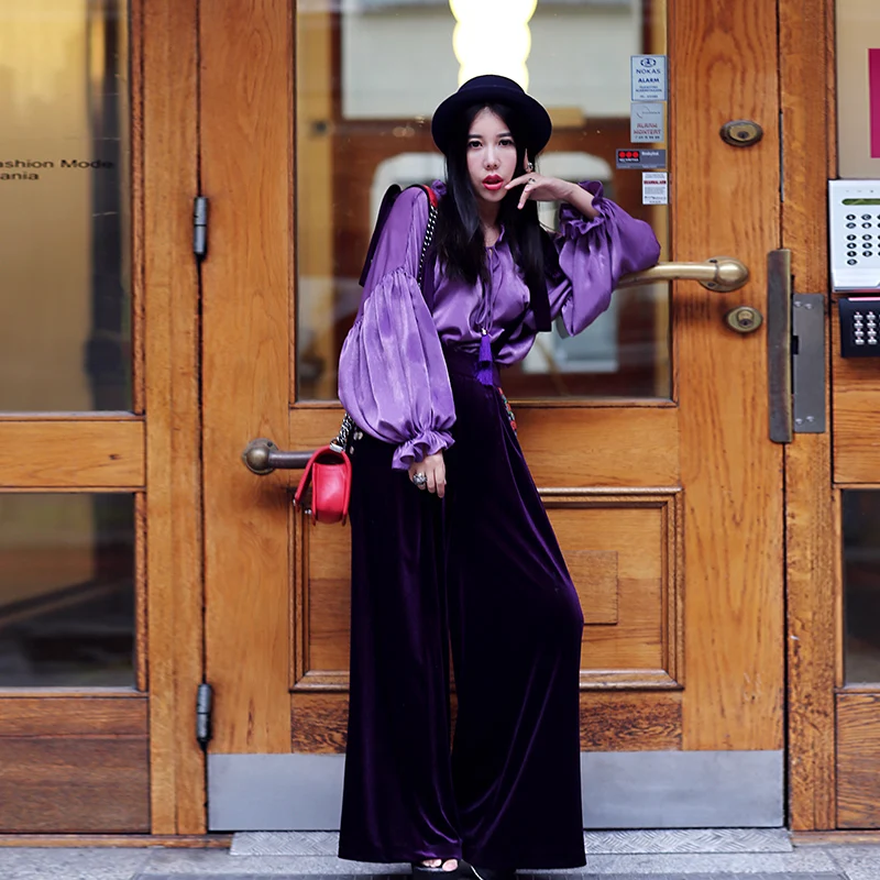 Autumn Women Spring Novelty Vintage Personality Lantern Sleeve Tassel Tie Collar Loose All-Match Basic Shirt Purple | Женская одежда