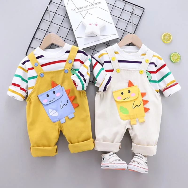 

Children Spring Leisure Suit Baby Boy Color Striped Top + Cartoon Dinosaur Overalls Set Girls Kids Fashion Jumpsuit Clothing Se