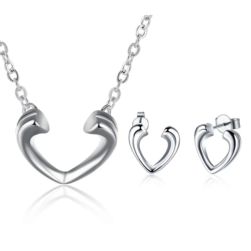 

925 Silver Jewelry Set Open Heart Pendants Necklace Chains Stud Earrings For Women Fashion Jewelry Valentine's Day Gifts