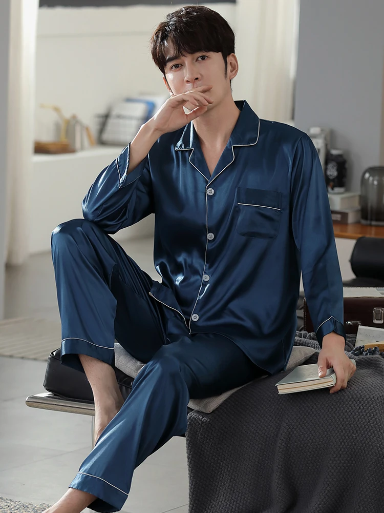 New Large Size Men Pajamas Ice Silk Long Home Pants For Men Solid Blue 2 Pieces Sleepwear Spring Pjs Bedgown Grey Homme Pijamas