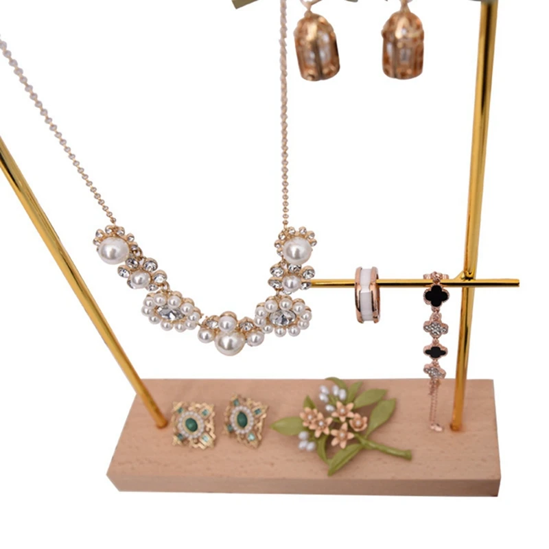 

2Pcs Earrings Display Holder Necklace Pendant Display Stand Jewelry Display - Wood Color & Gold