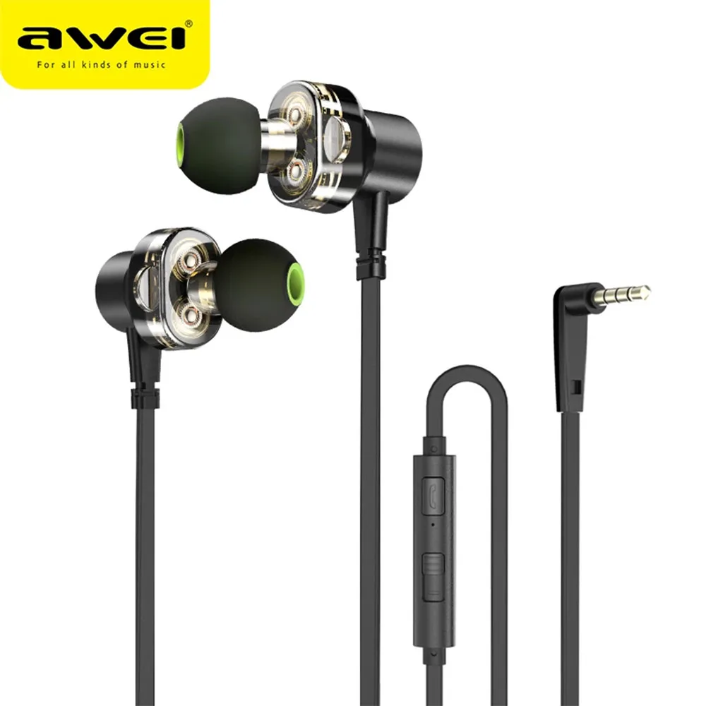 

AWEI Z1 Wired Dual Driver Earphone Sport Stero Bass Sound In Ear Headset With Microphone 3.5mm Jack Earbuds